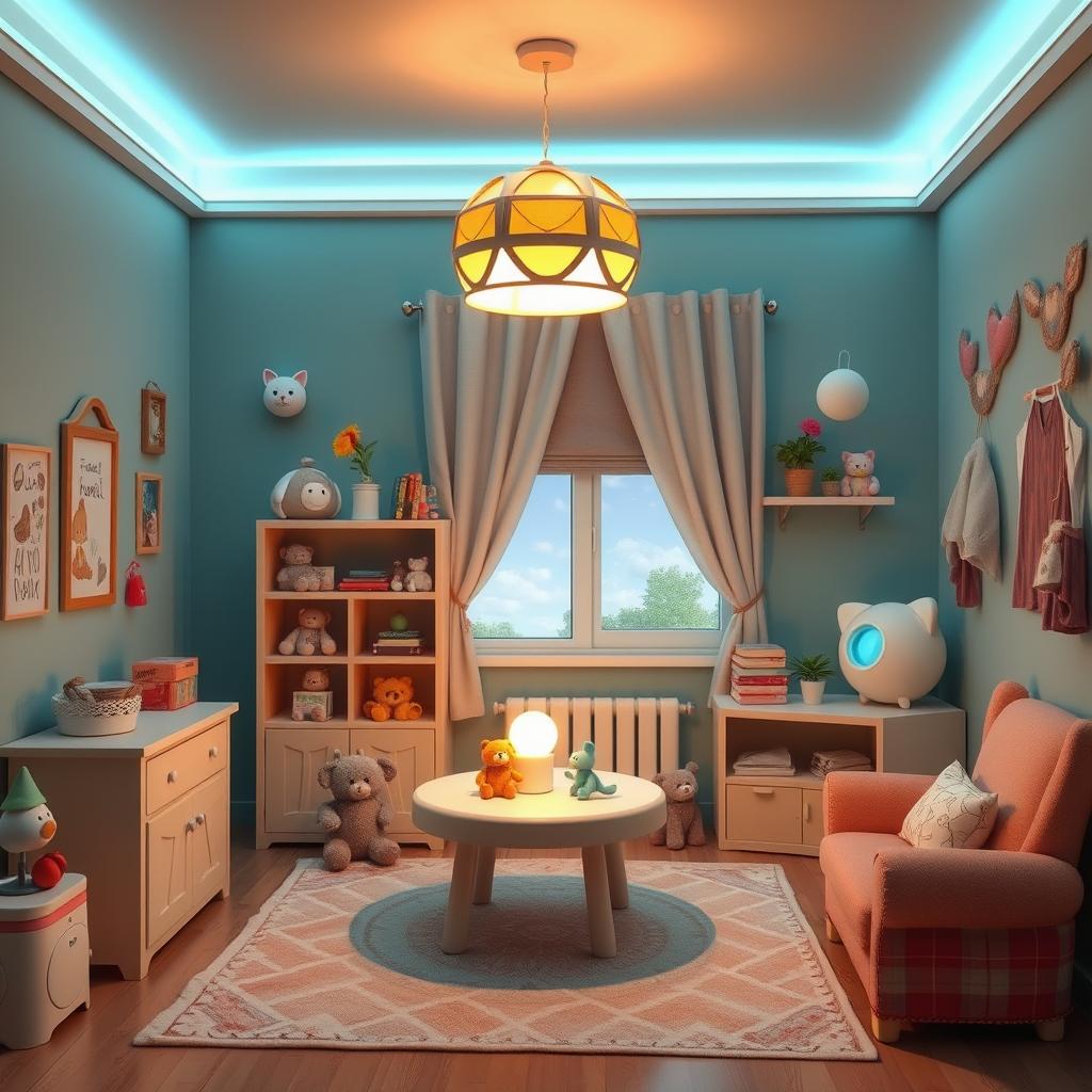 Уютная детская с мягким светом и игрушками.